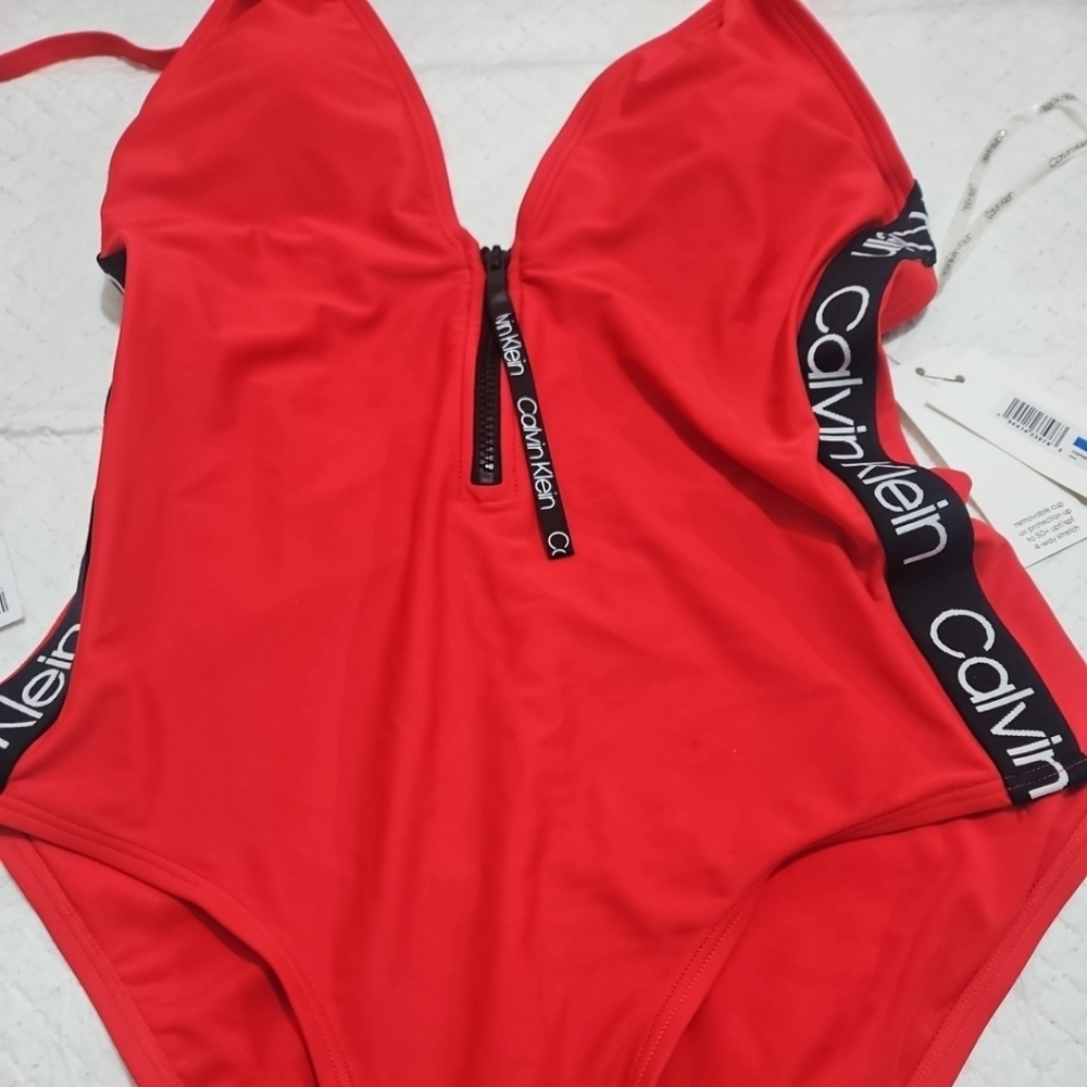Calvin Klein Red Zip-Front One Piece Swimsuit Backless Sz XL